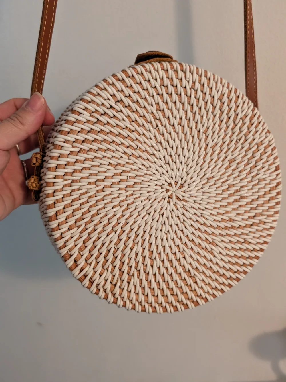 Woven Round Crossbody Bag in White with Tan Strap